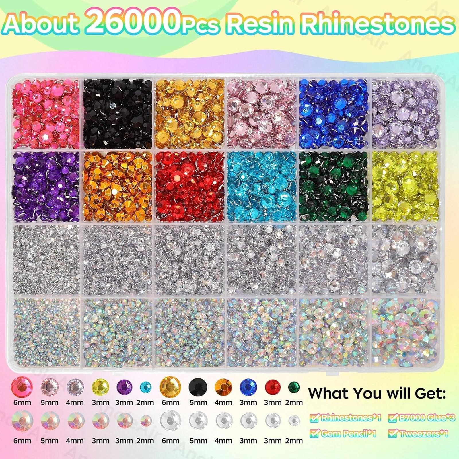 Colorful Resin Flatback Rhinestones Kit 26000PCS 2mm 3mm 4mm 5mm 6mm for DIY