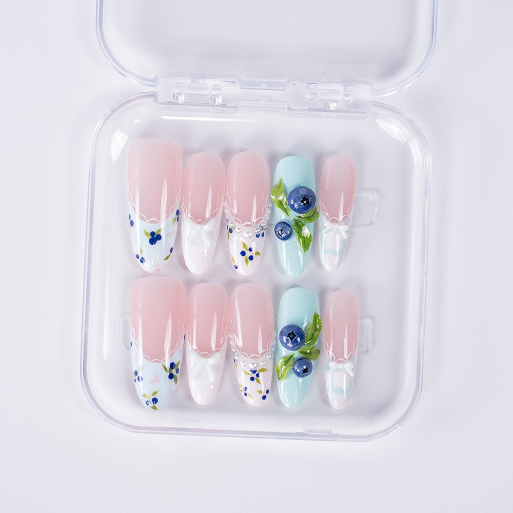 10pcs Pink Mint Square Nails 3D Blueberry Lace Bow Summer Picnic Cute