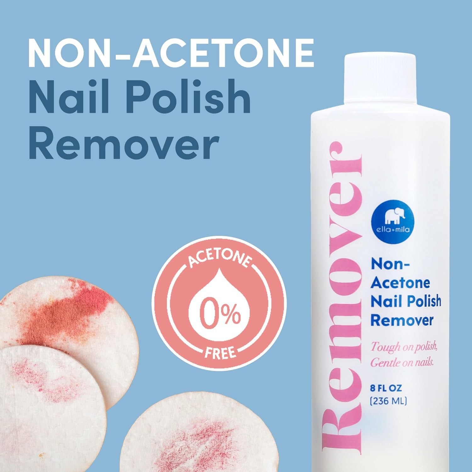 ella+mila Non-Acetone Nail Polish Remover – Gentle, 8 Fl Oz (Pack of 1)