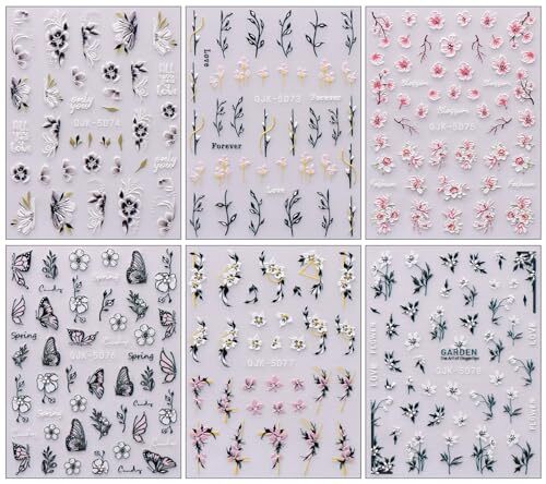 6 Sheets 3D Embossed Spring Flower Nail Art Stickers Decals Self-Adhesive