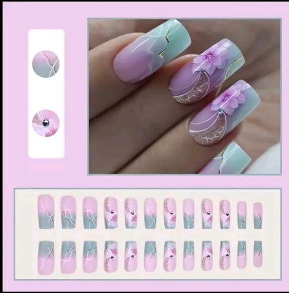 24pcs Set Of Long Square Purple Gradient Press-On Nails With Floral Design