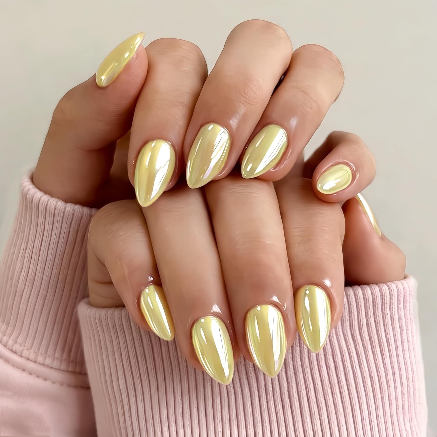KQueenest Chrome Pastel Light Pink Press On Nails, 30 Pcs Almond Fake Nails