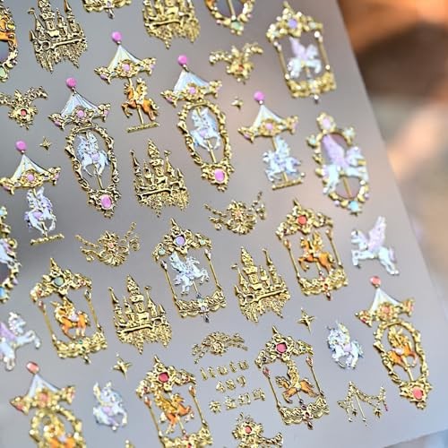Gold Nail Stickers Horse Nail Decals Carousel with Design 5D Gold Horse