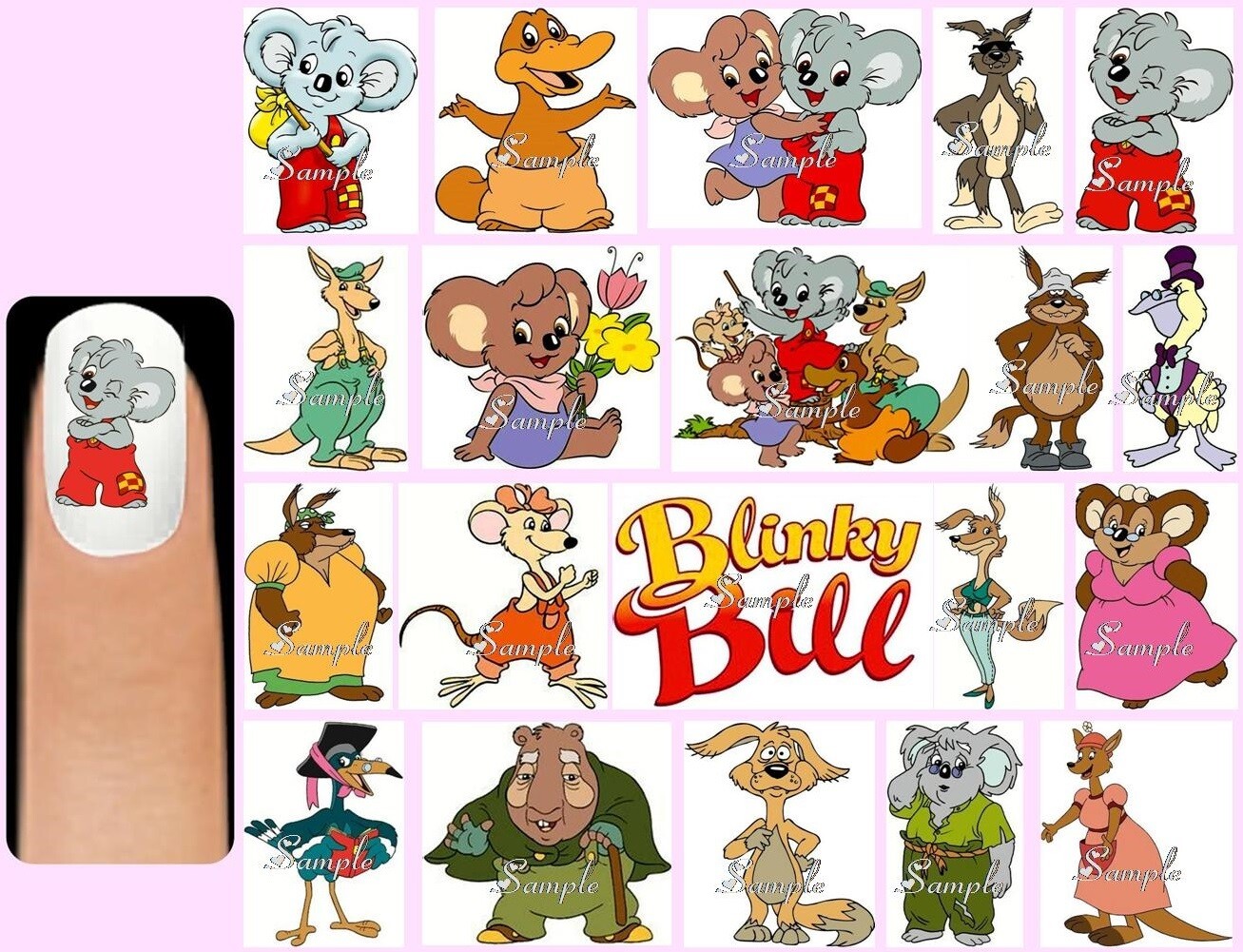 60x BLINKY BILL Nail Art Decals + Free Gems Australia Day Australian Koala Nutsy