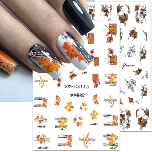 4 Sheets 3D Fall Nail Stickers,Autumn Leaf Flower Nail Art Stickers Fallen