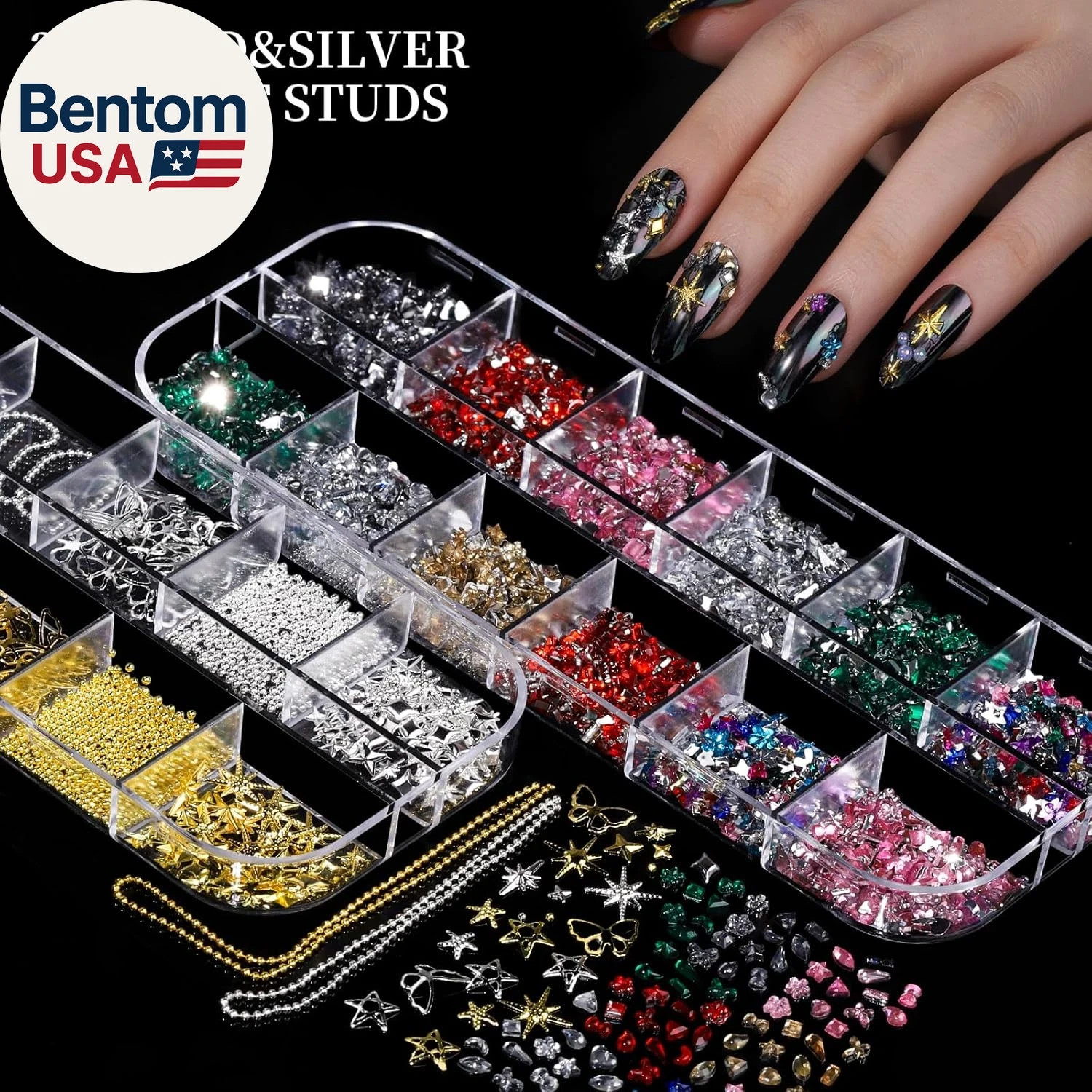 Nail Charms, Nail Rhinestones Kit with 8 Boxes of Nail Gems, 3D Charms for Nails