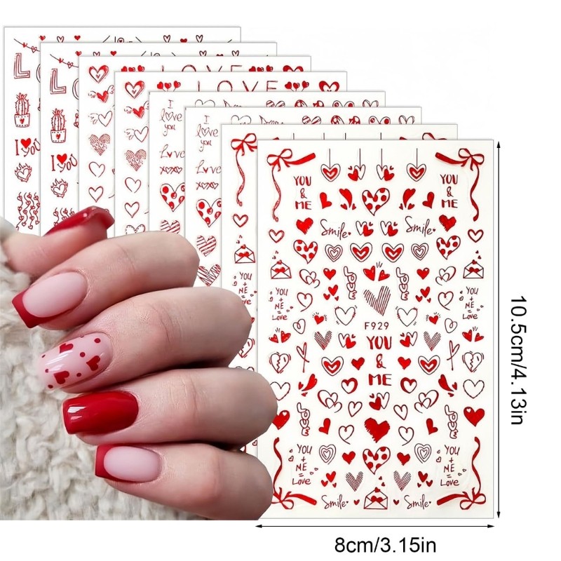 8 Sheet Valentine s Day Nail Art Decals Love Heart 3D Nail Art Stickers Gifts