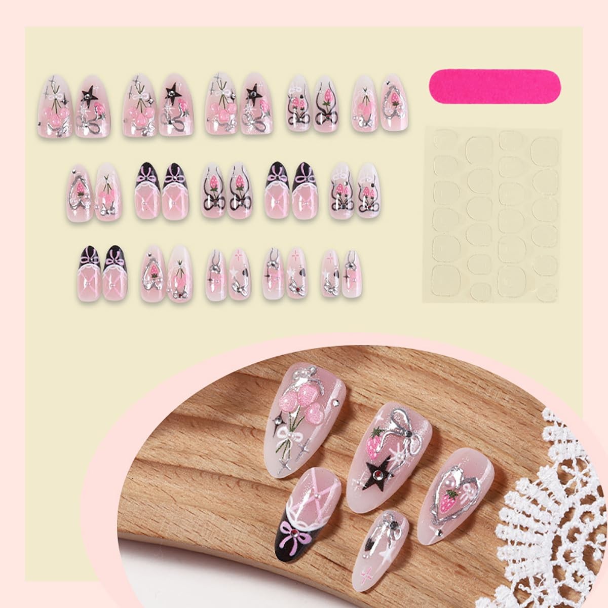 30Pcs Valentines Day Press on Nails Medium Almond Heart Fake Nails 3D Floral …