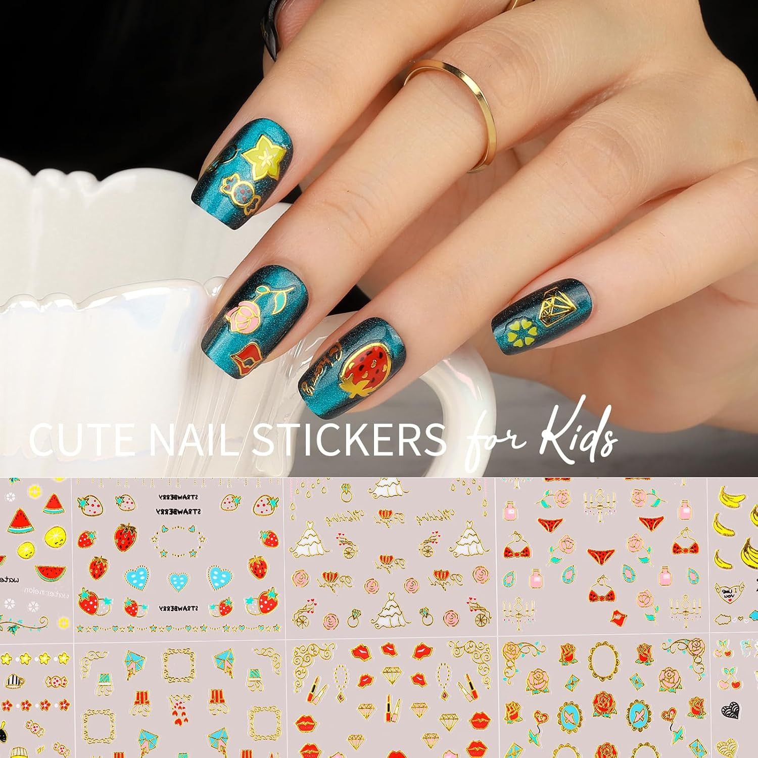 50 Sheets Nail Stickers for Kids, Cute Nail Decals for Girls Women, 3D Self Adhe