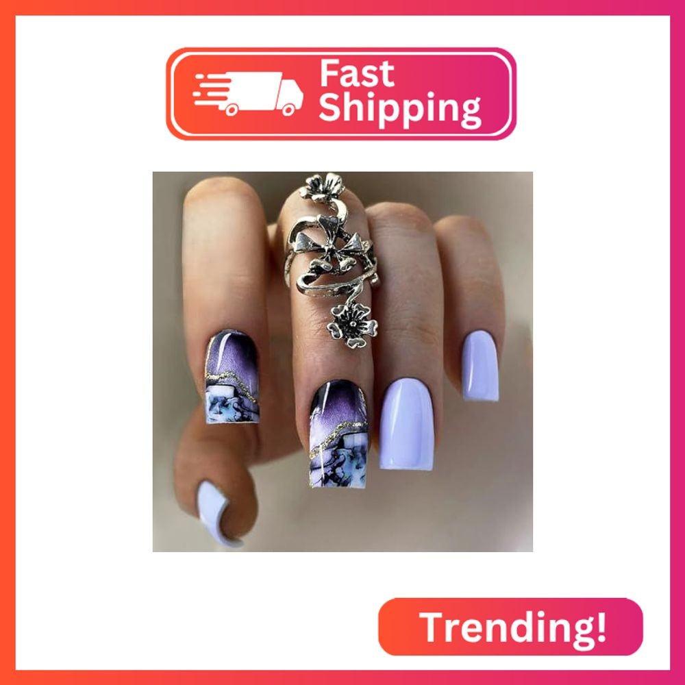 Dark Purple Gradient Press On Nails – Gold Curve Line, Marble Acrylic, Medium Sq