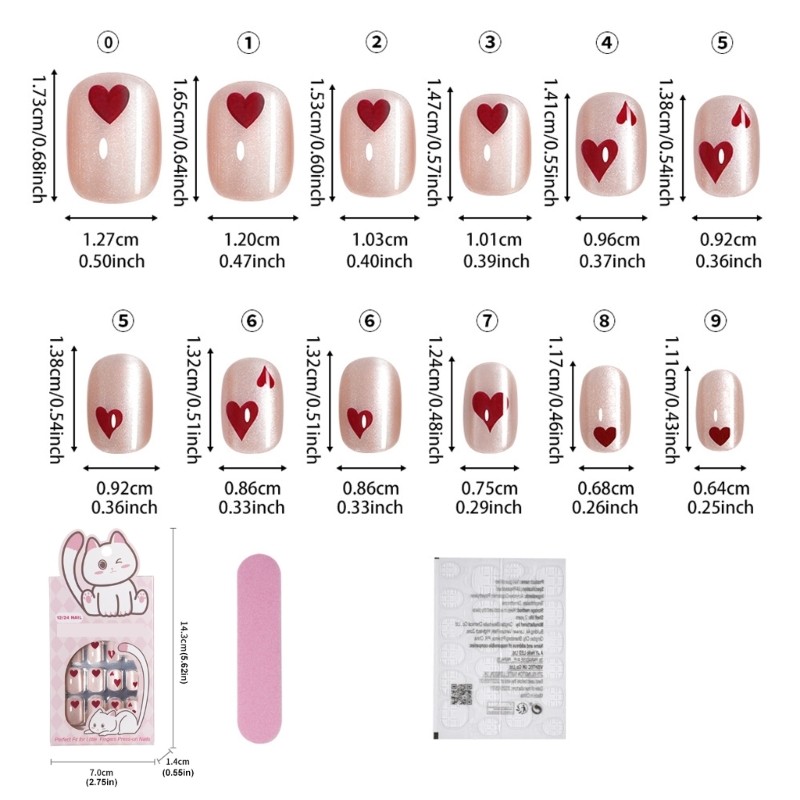 24 Pieces Heart Pattern Press On Nail ABS Material Short Square Style