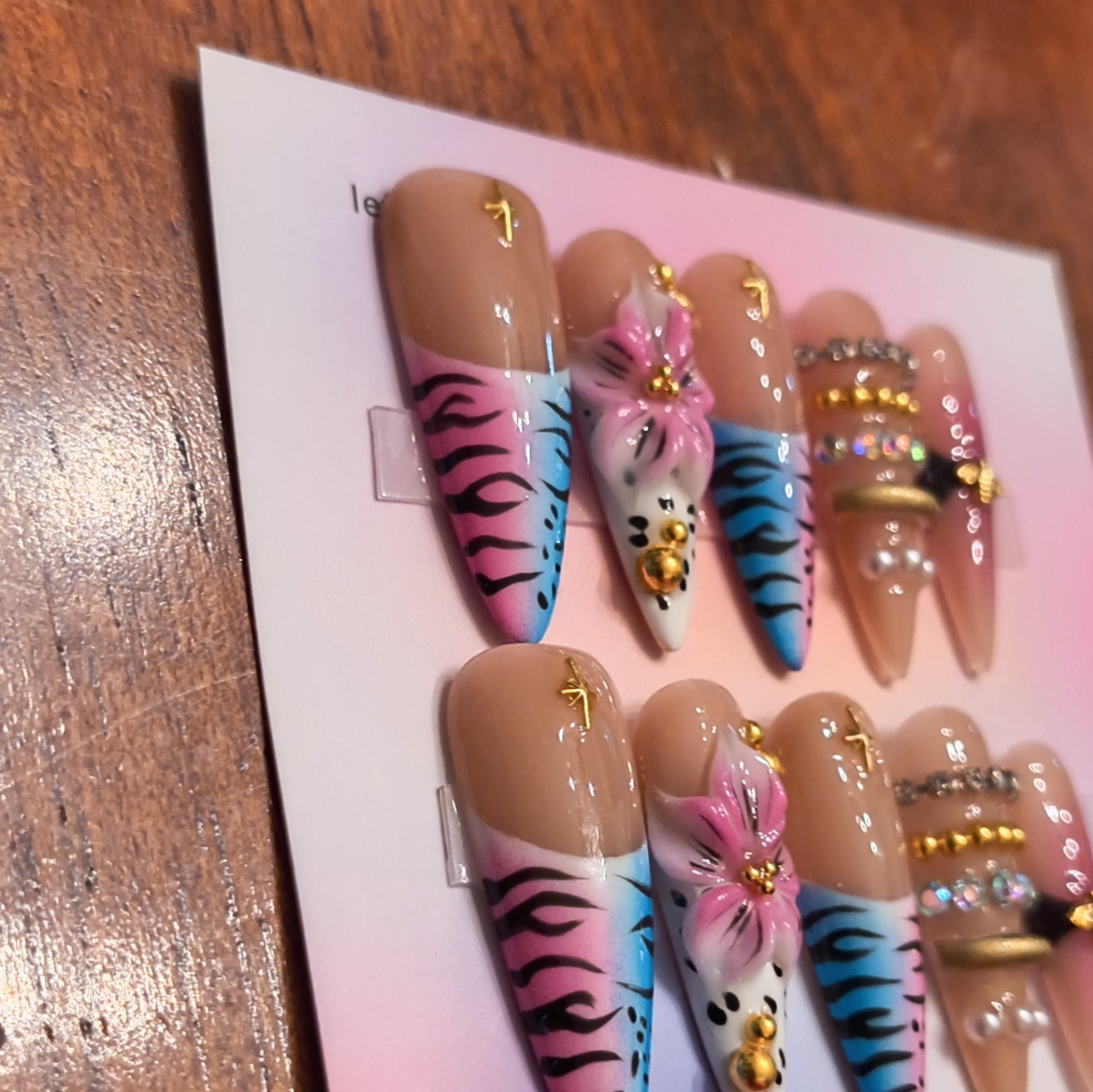 Press-On Nails Medium Stiletto Multicolor 3D Flowers Rhinestone Pearl