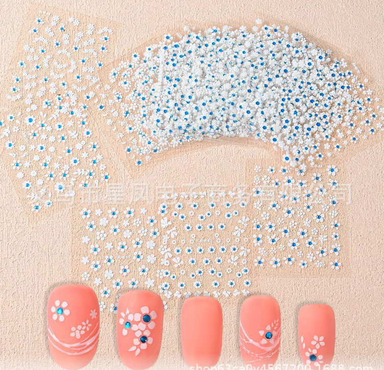 10 Sheets Nail Art Sticker Decal Daisy Flower Lace Blue CZ Slider Manicure NS52