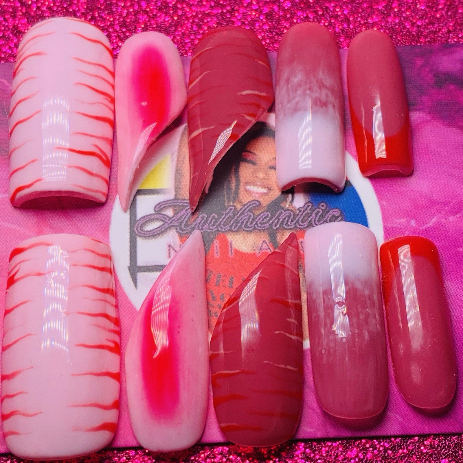 Square Lipstick Press-On Nails Pink Red Ombre French Shiny by Nail Arts by Dia