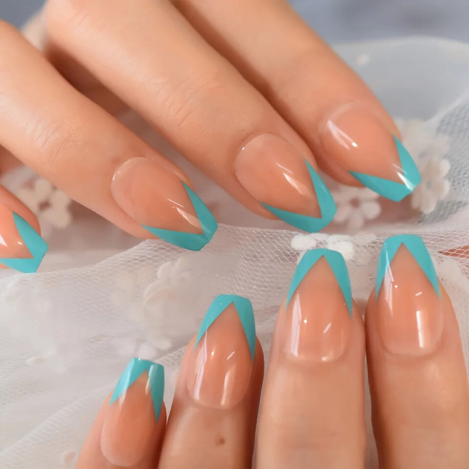 24 Medium Press on Nails kit glue on turquoise rim aqua v french nude