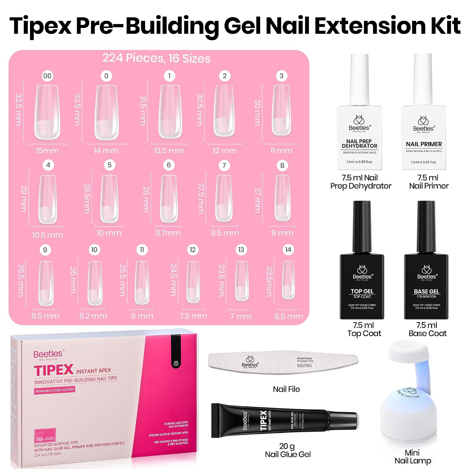 Beetles Tipex Instant Apex Nail Tips Kit with Dehydrator & Primer, Long Square,