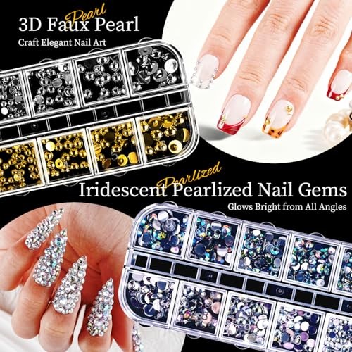 Nail Charms,Nail Rhinestones Kit with 6 Boxes of Rhinestones,12 multicolored