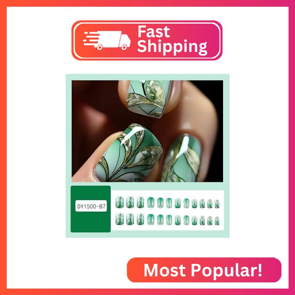 Green Flower Press on Nails Short Square Fake Nails Gradient Green Glue on Nails