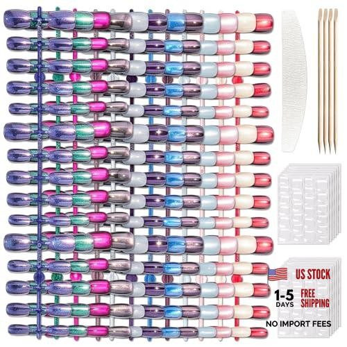 360 pcs Cat Eye Press on Nails – 12 Colors Glossy Glitter Aurora Cat Eye Shades