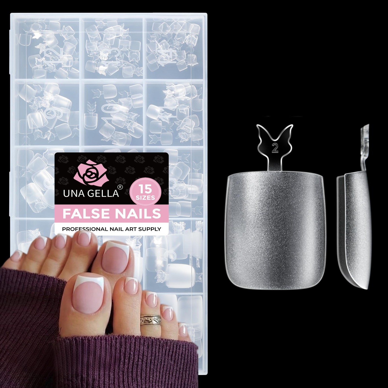UNA GELLA Square Toe Nail Tips 216Pcs 15Sizes 216 Piece Assortment, Clear