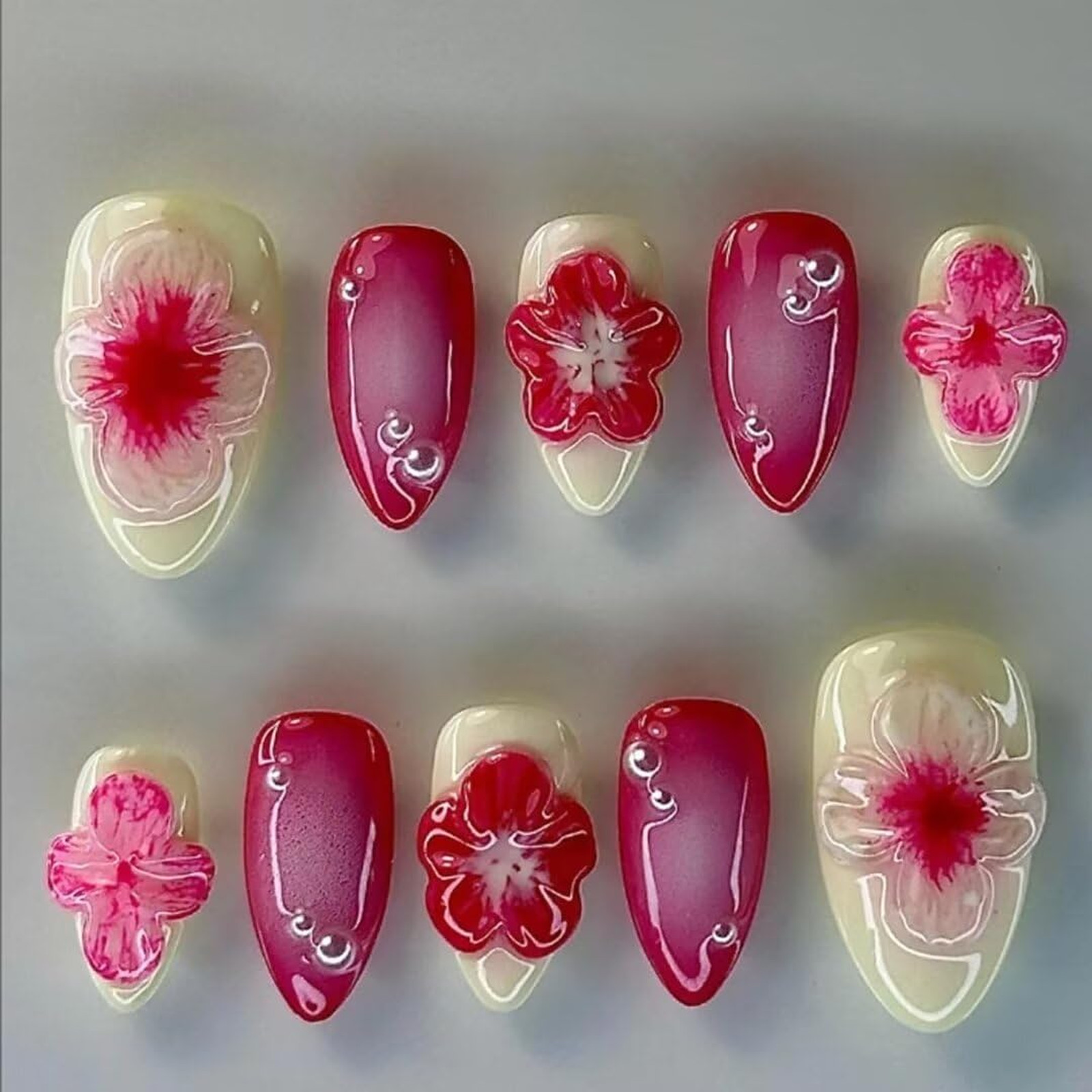 Handmade Press On Nails 10PCS Almond Fake Nails Short 3D Acrylic Cherry Heart