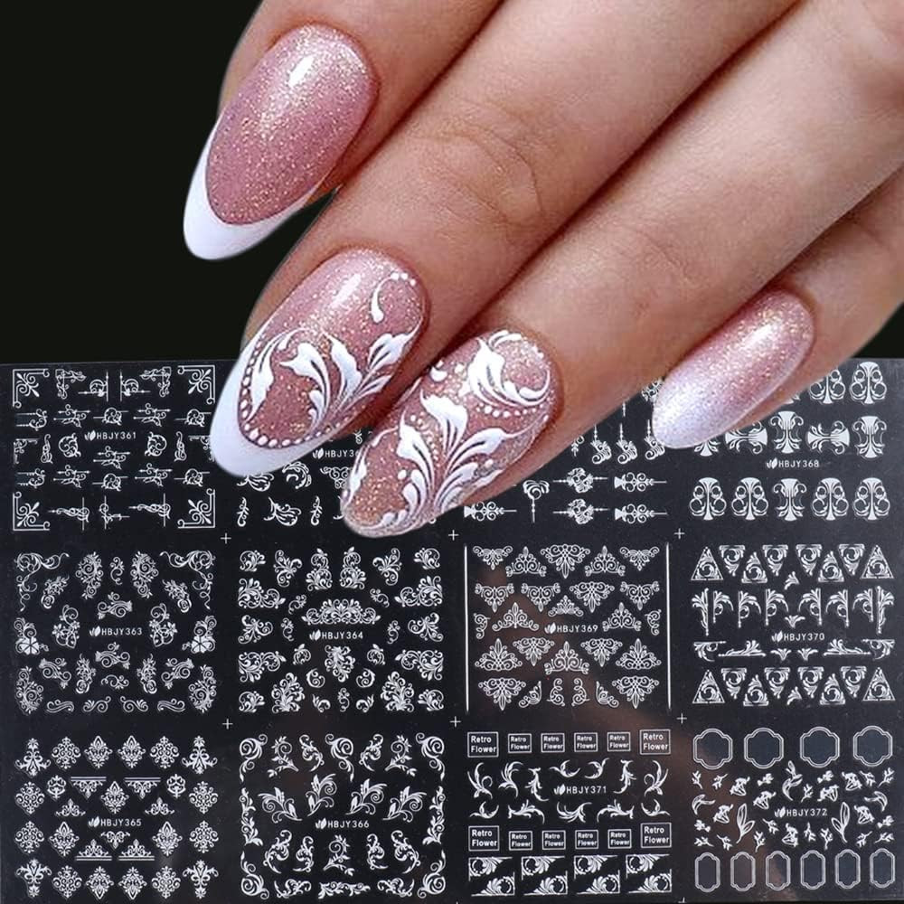 Flowers Nail Decals 3D Self-Adhesive White Floral Nail Art Stickers Wedding Lace