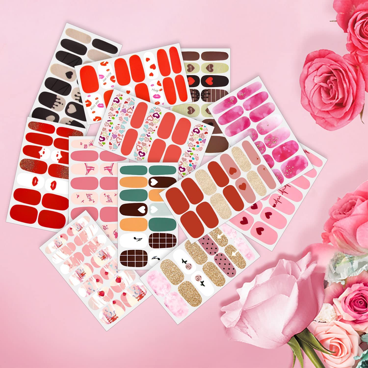 24 Sheets Valentine’s Day Nail Wraps for Women Stick On Nail Polish Strips Ge…