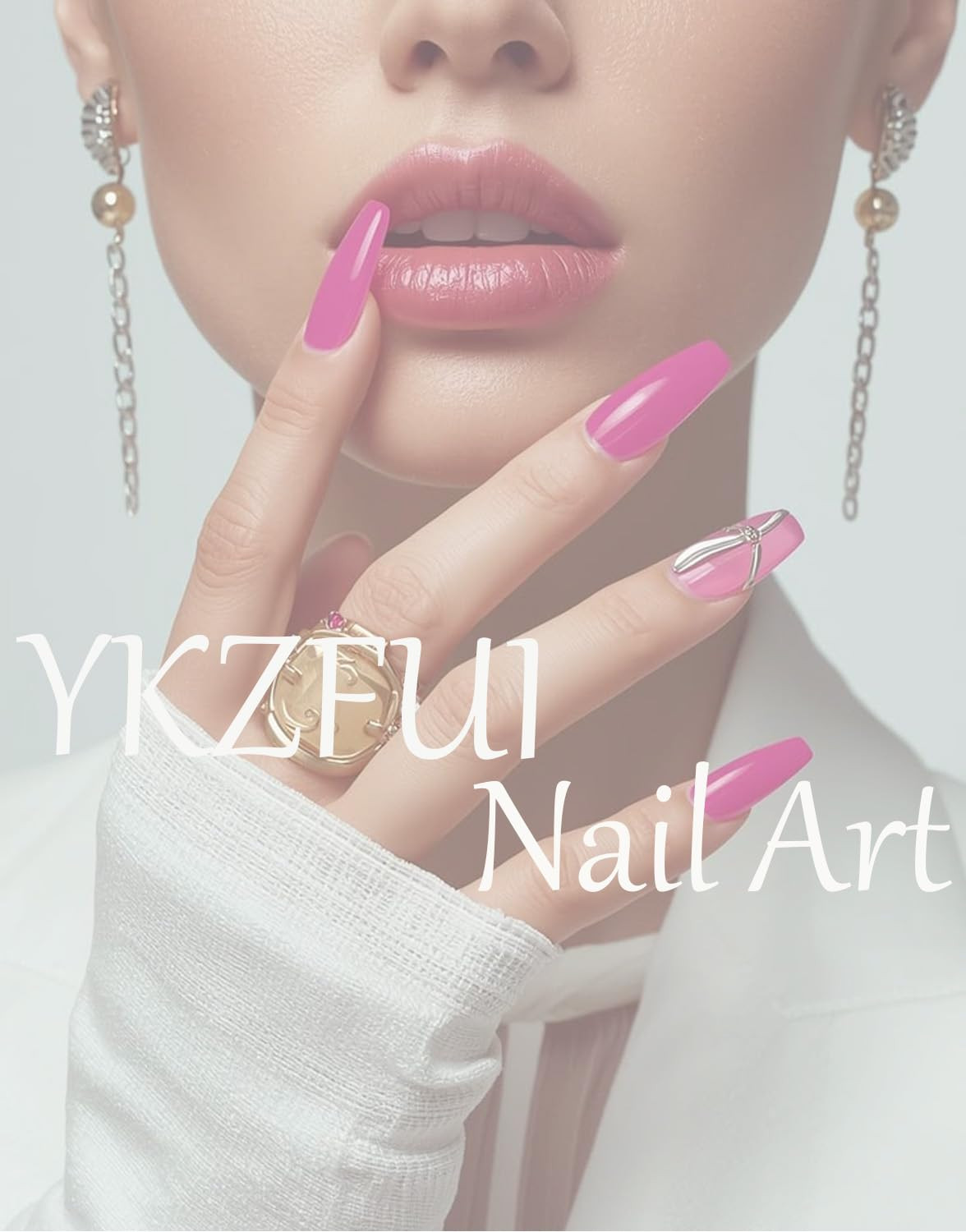 Gradient 3D Flower Press on Nails Almond – Medium French Tip Fake Nails with Gol