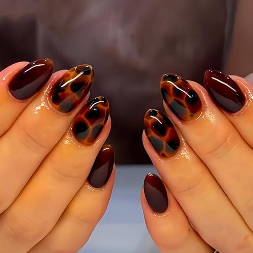 Brown Press On Nails Medium Almond Shape Leopard Fake Nails with style20