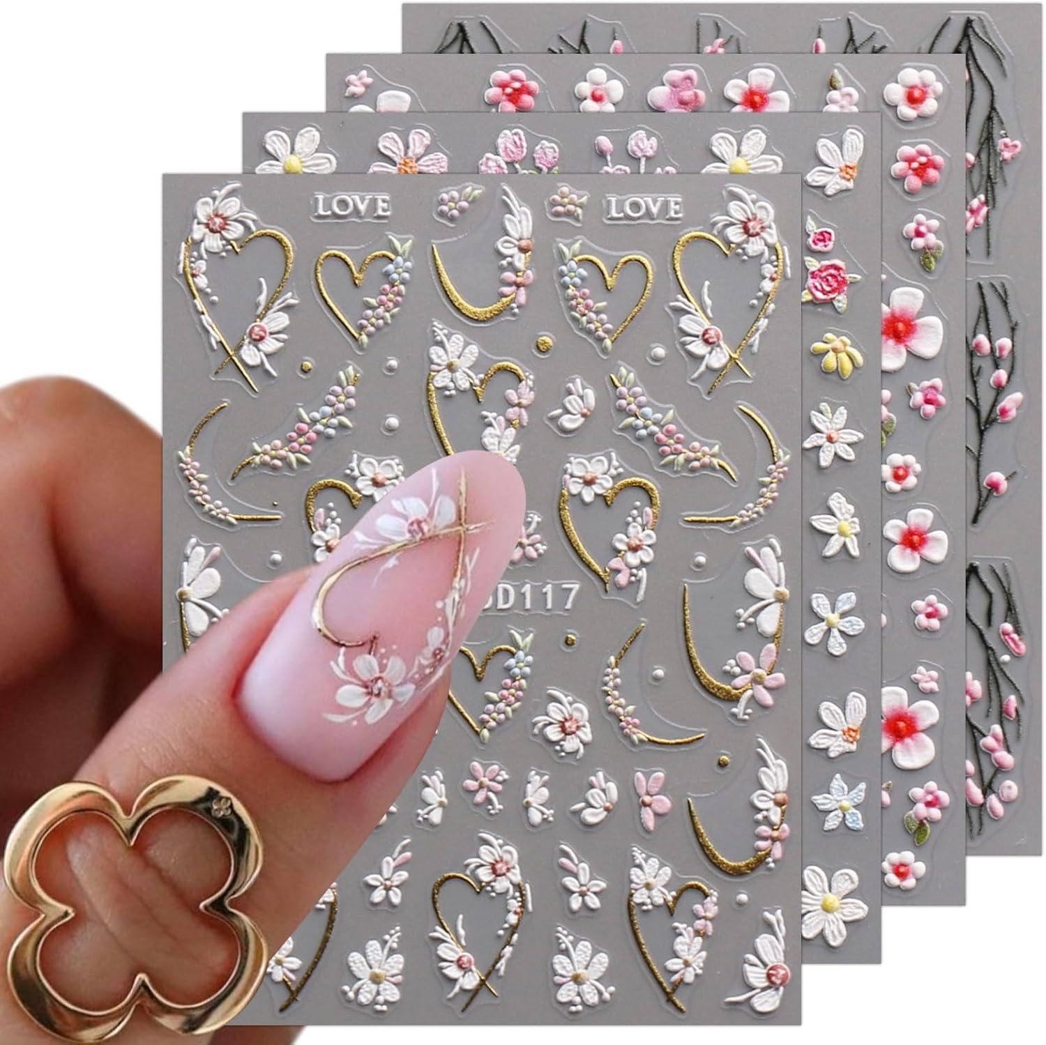 JMEOWIO 3D Embossed Flower Nail Art Stickers Decals Self-Adhesive 5D Colorful