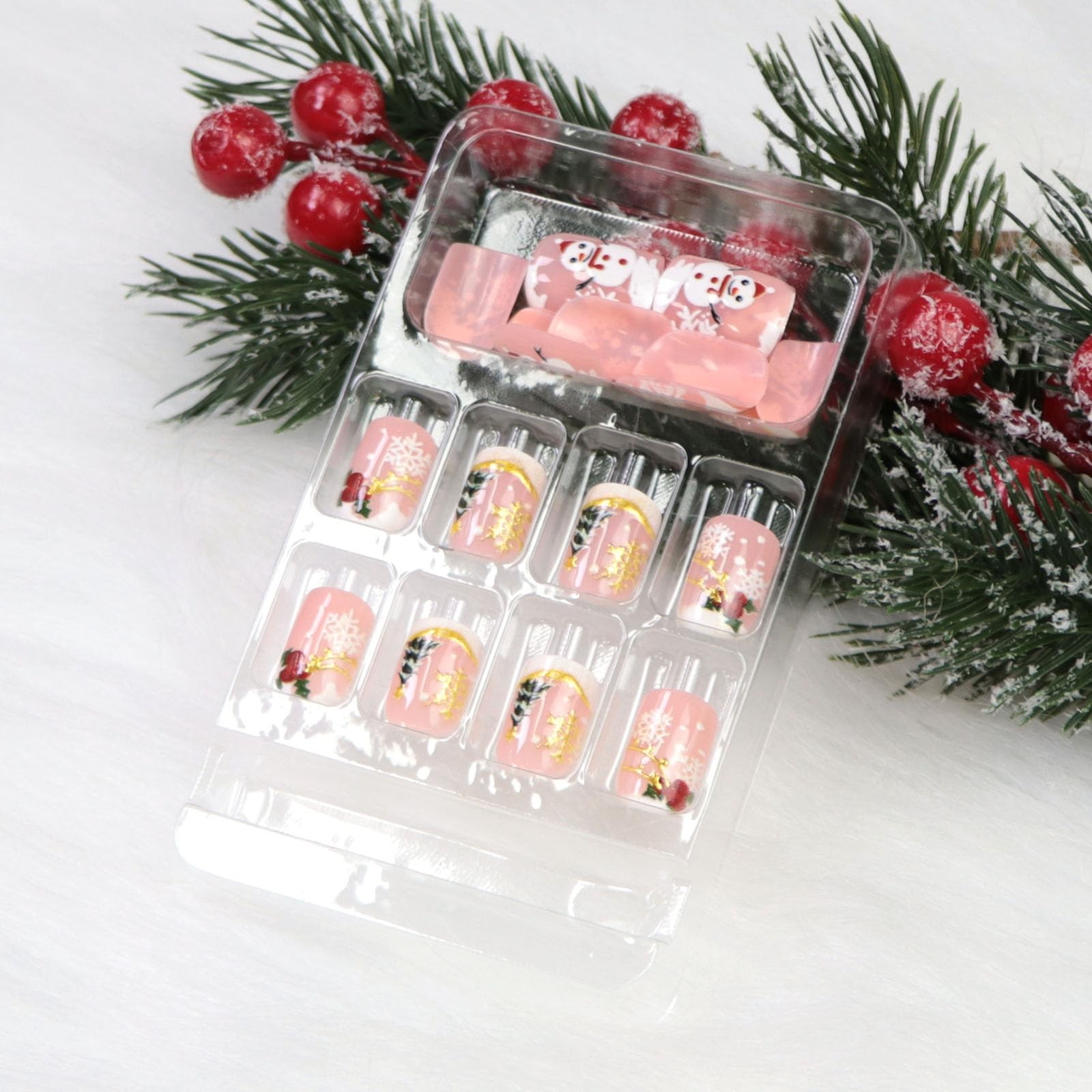 Christmas Press on Nails Short Square Fake Nails with Xmas Tree Snowflake Chr…