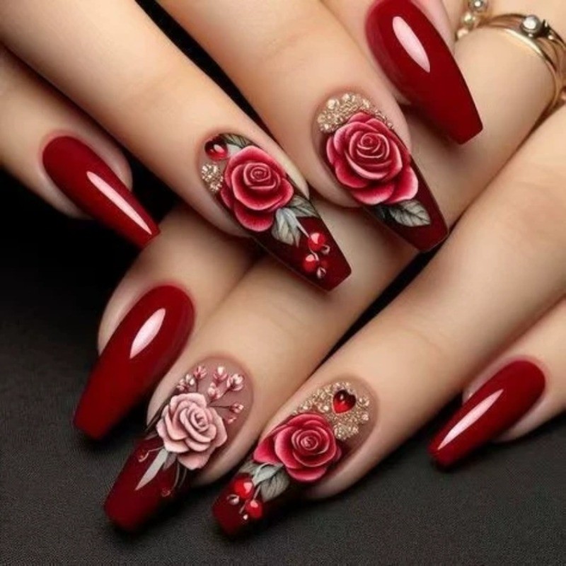 48 Elegant Red Rose Ballet Style Nails with Complex Floral Patterns for Nail Art