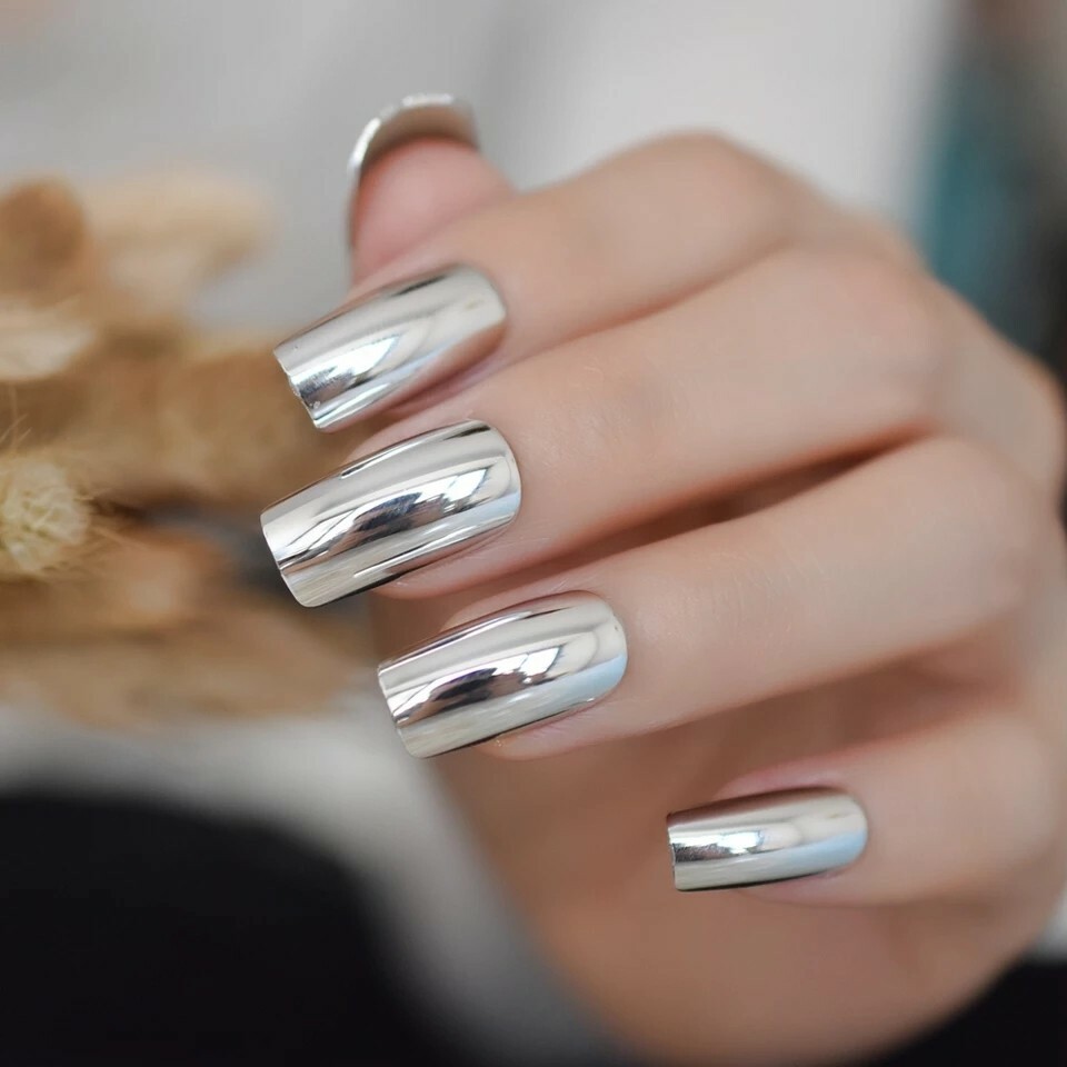 24 Silver Chrome Press On Nails Mirror metallic GLUE ON kit medium square