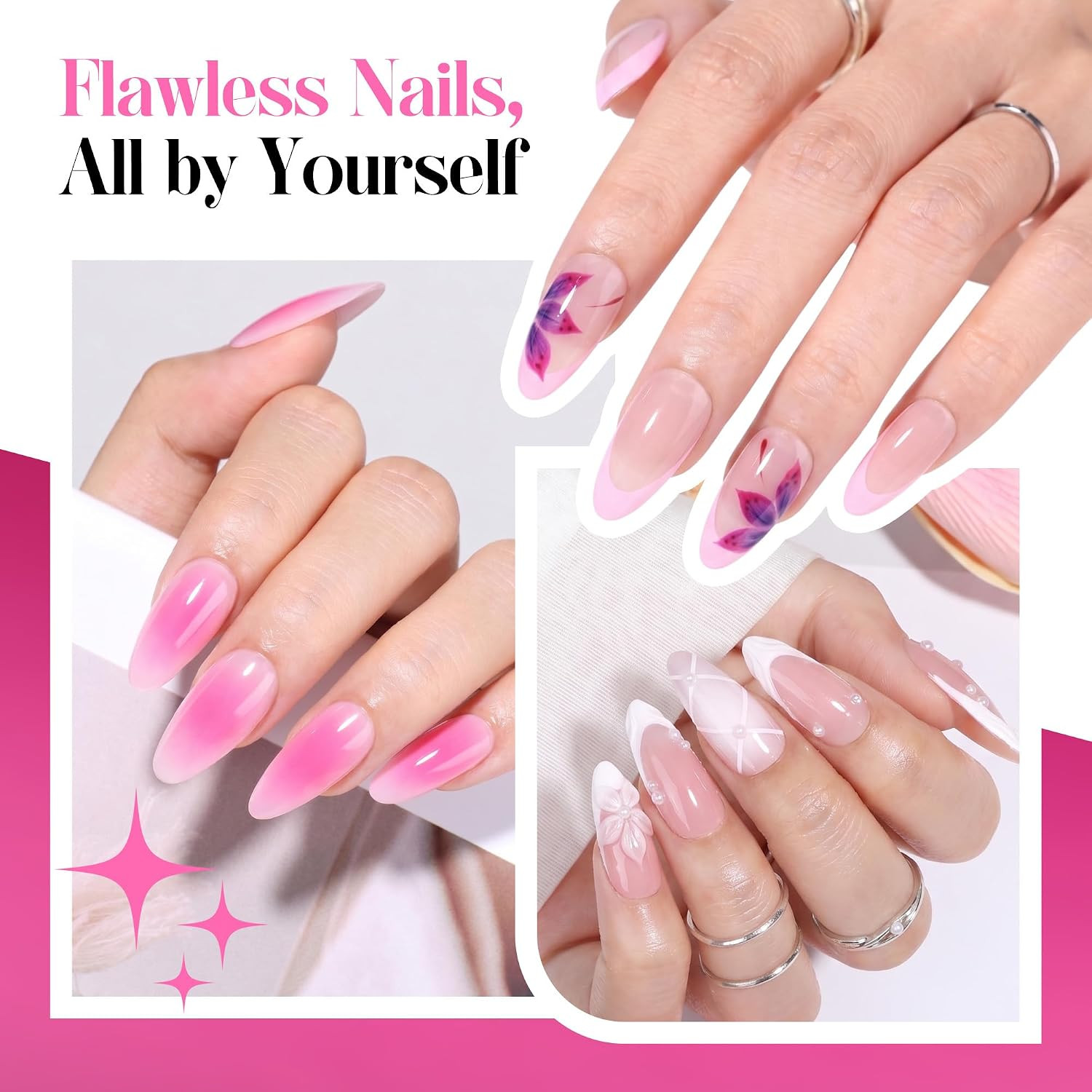 Medium Almond Gel Nail Tips and Glue Kit, 216Pcs Pre-Buffed Soft Gel Fake Nails