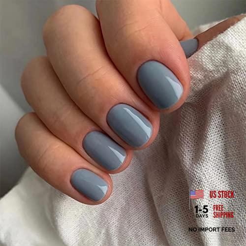 Square Blue Fake Nails – Full Cover with Glossy Gray-Blue Glossy