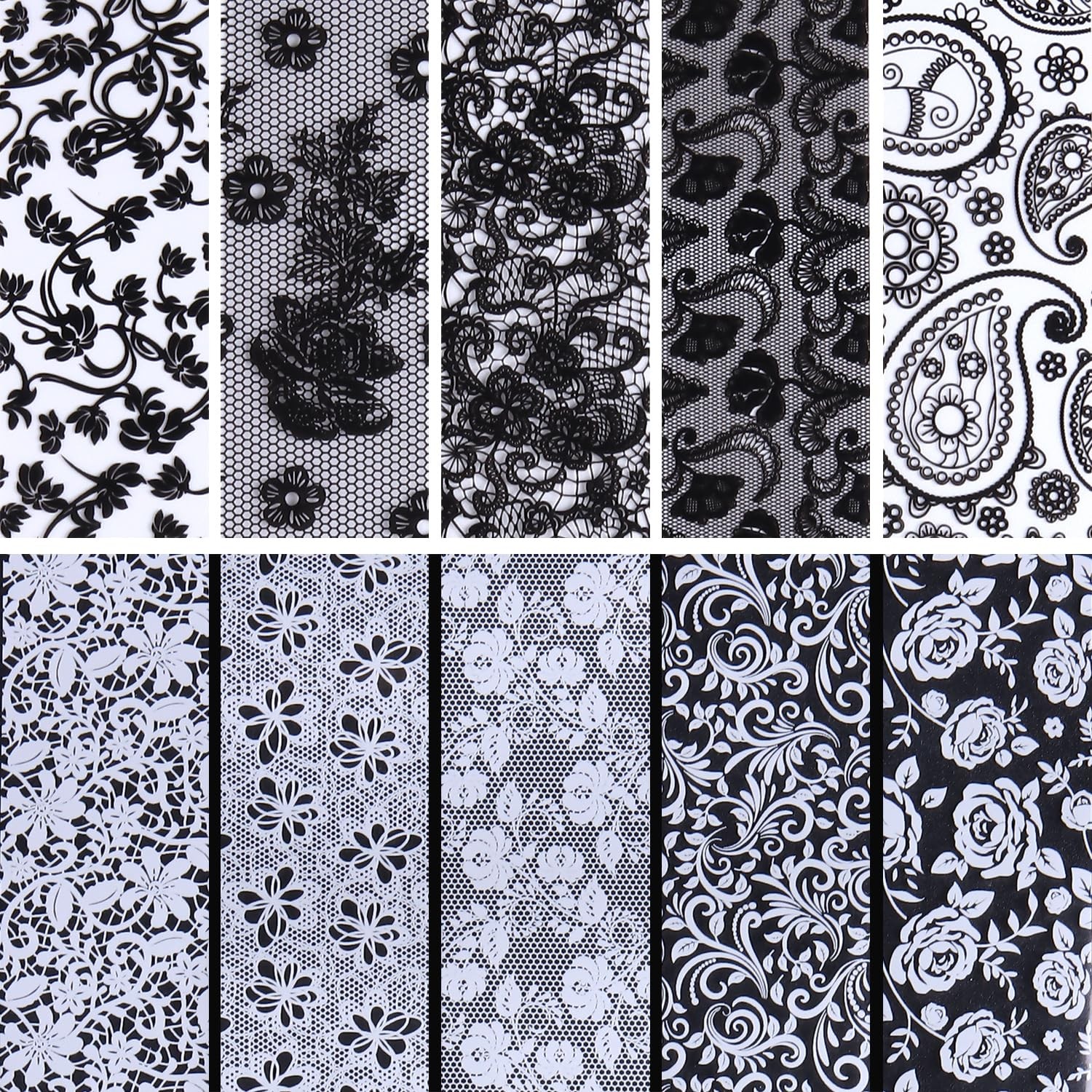 10 Rolls Lace Nail Foil White and Black Nail Transfer Foil Stickers | Hologra…