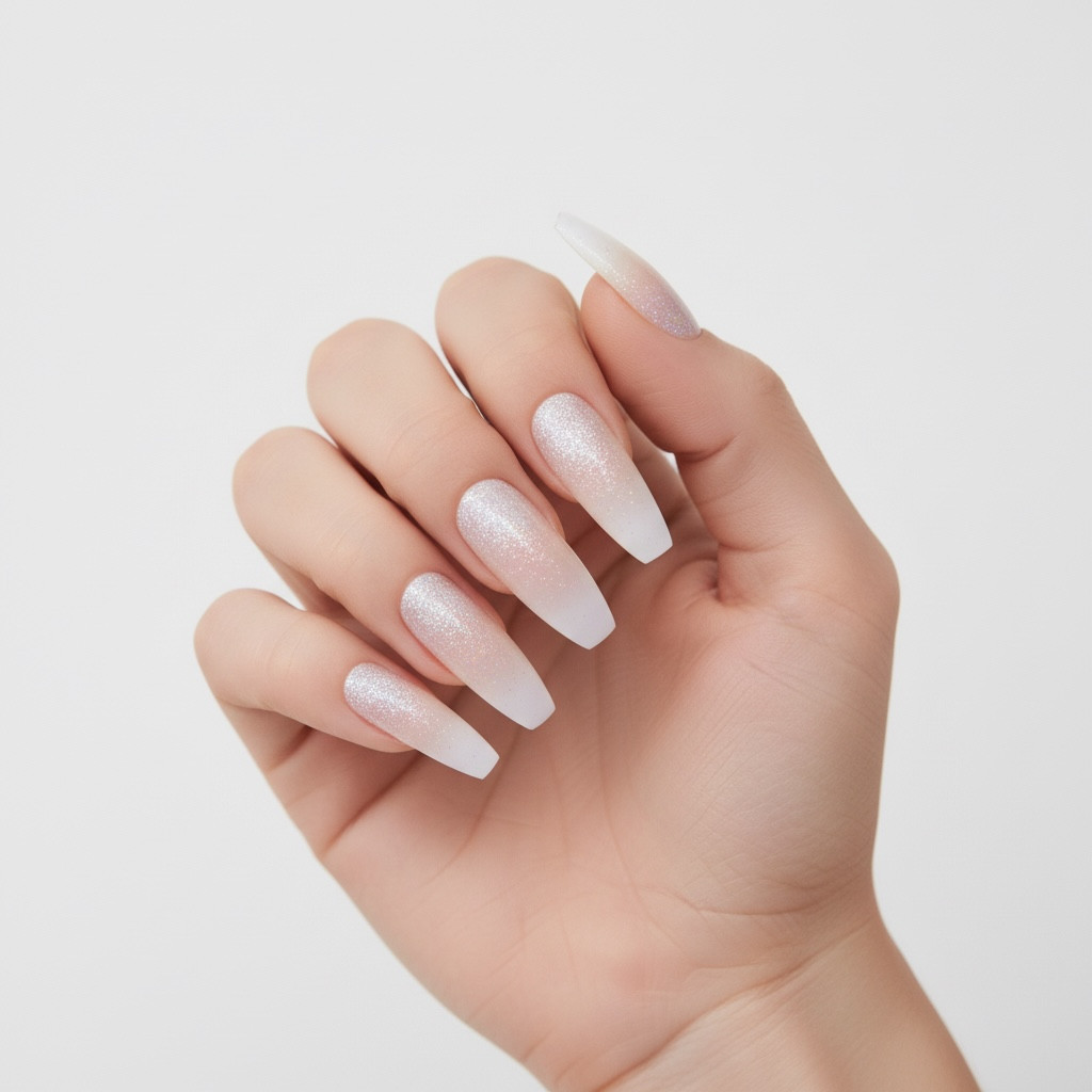 Nude Glitter Ombre French Press On Nails Extra Long Coffin Ballerina Fake Nails