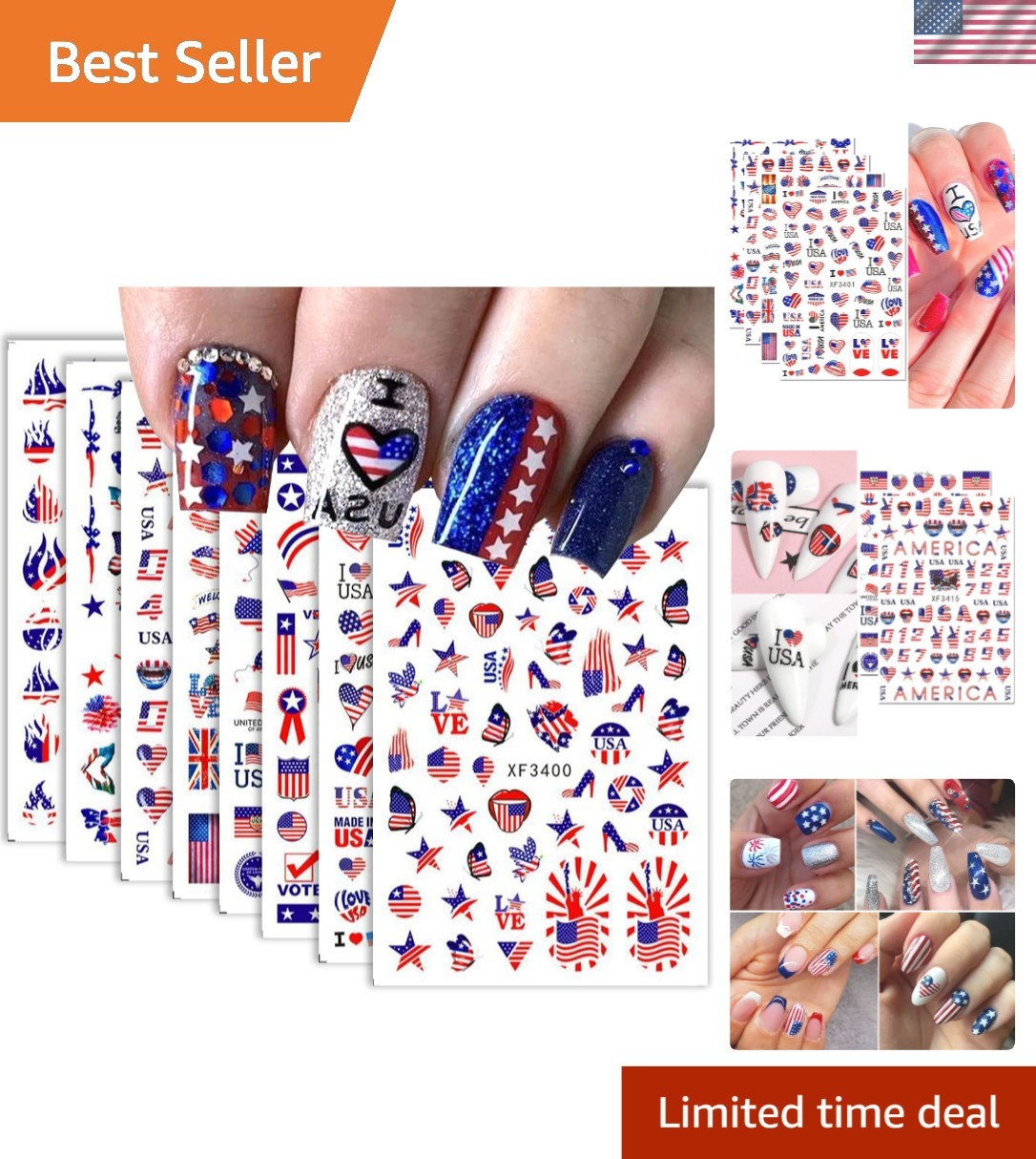 8Sheets 4th of July Nail Art Stickers Decals Red Blue White American Flag 3D …