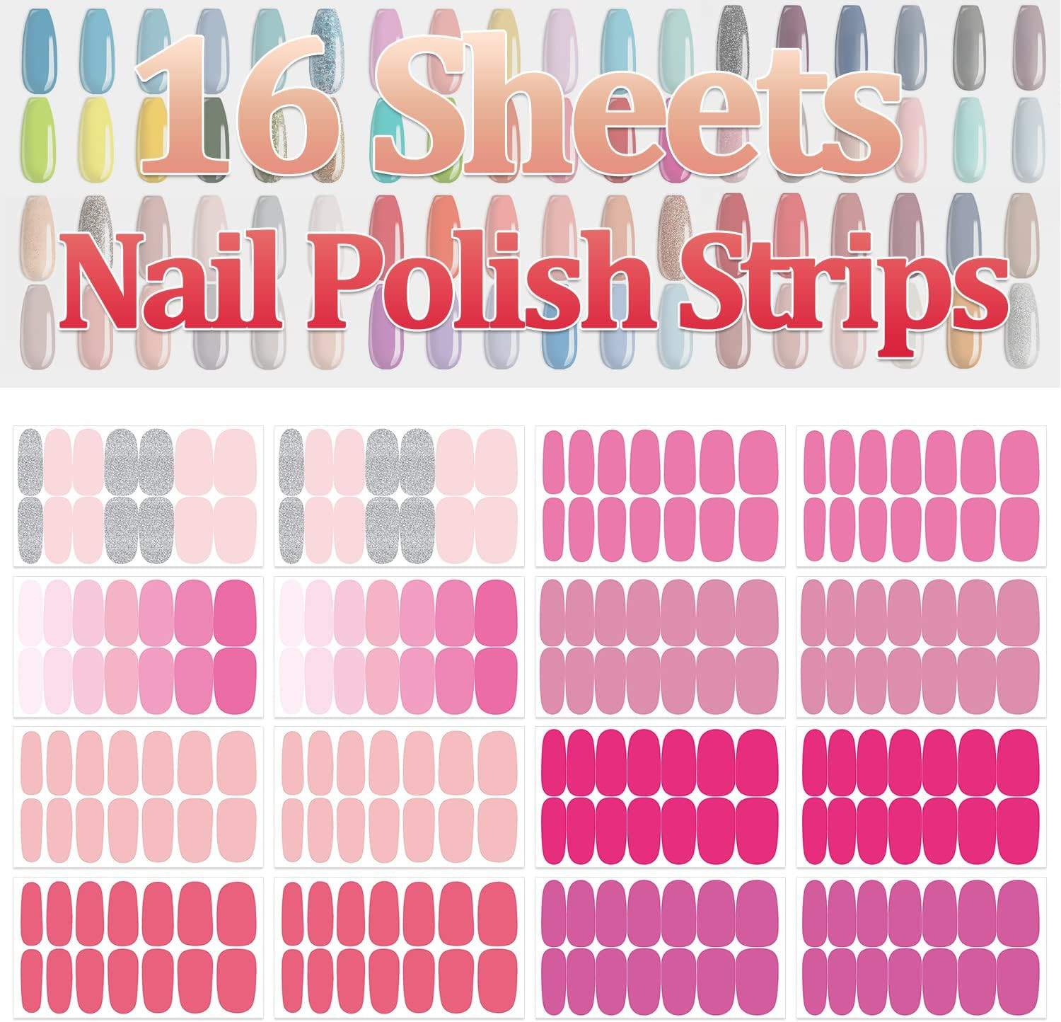 Pink Nail Wraps for Women Nail Polish Strips Solid Color Glitter Self Adhesive N