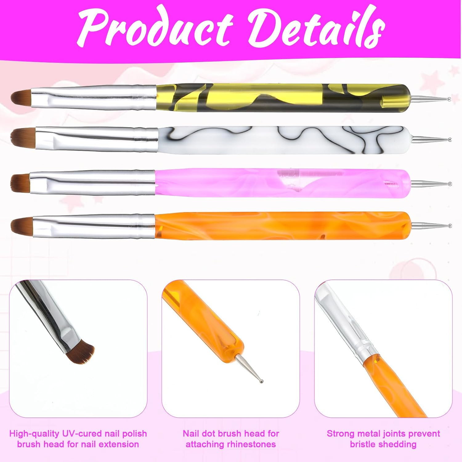 French Gel Nail Art Brush with Dotting Tools 4 Pcs Acrylic Two Way Nail Art