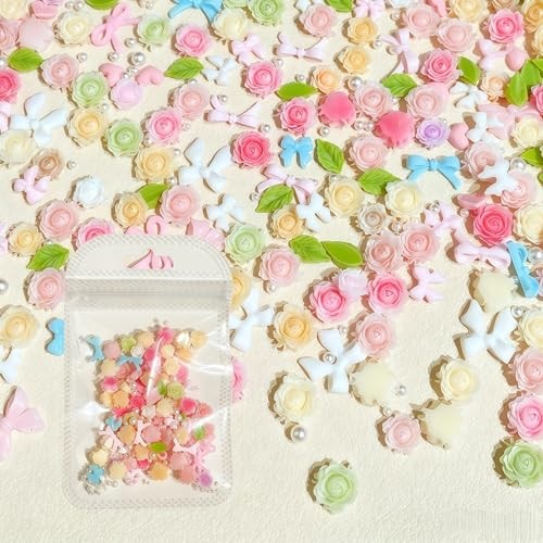 600pcs 3D Camellias Flower Nail Charms Nail Rhinestones with Pearls Rose Flower
