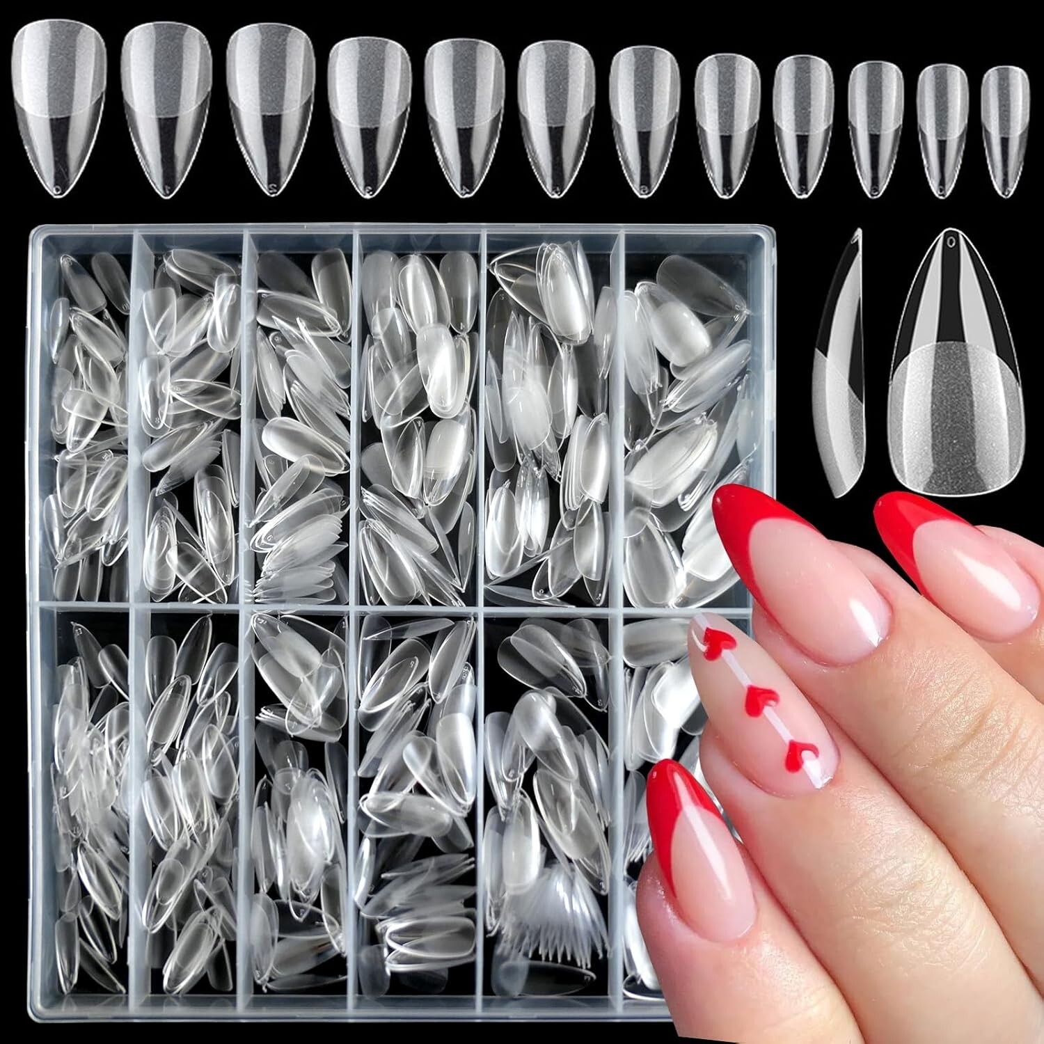 “600pc Almond Gel X Nail Tips Full Cover Short Stiletto Fake Nails Clear Mediu..