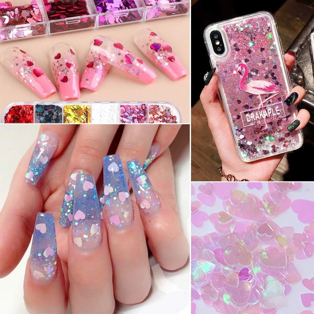 12 Grid 3D Love Heart Nail Art Glitter Holographic Laser Chunky Face Body Tattoo