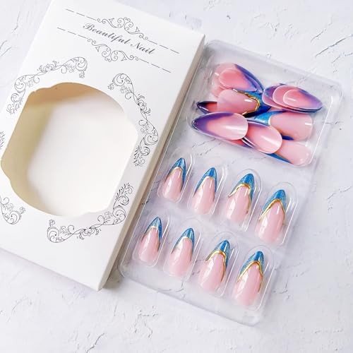 Blue French Tip Press on Nails Medium Almond Cat Eyes with Style-01