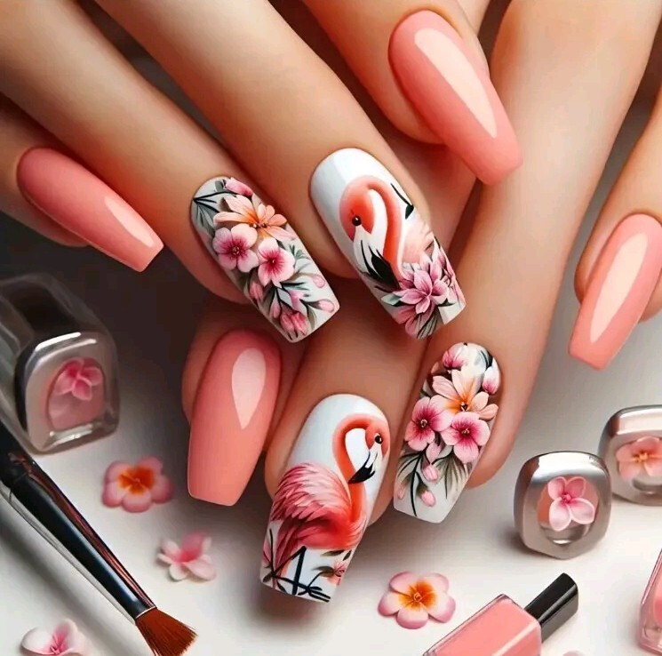 Chic Flamingo & Floral Press-On Nails – Medium Ballet Shape, Glossy Finish 24