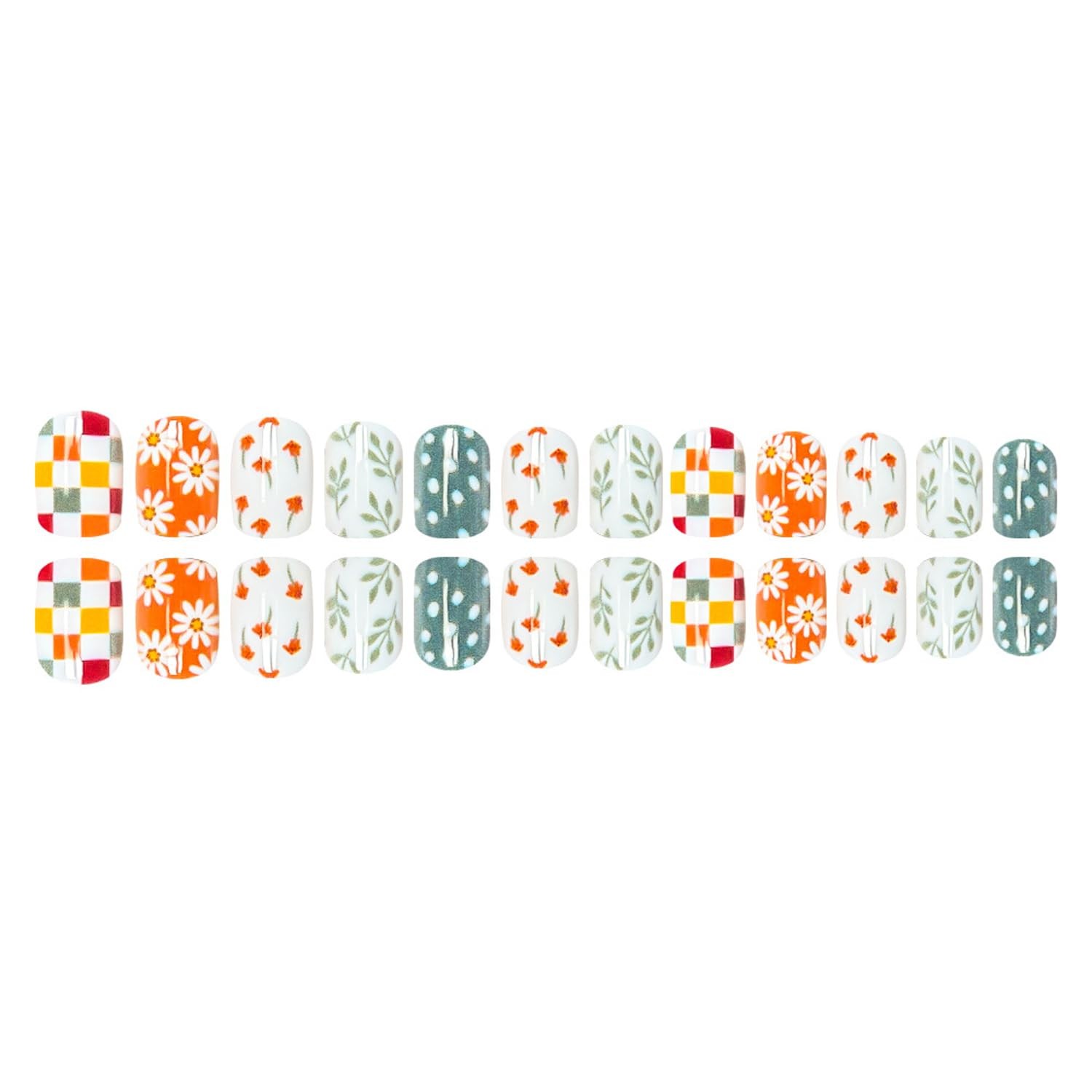 Square Press On Nails Fake Nails Flower Leaf With Plaid Flower CTH40 Short