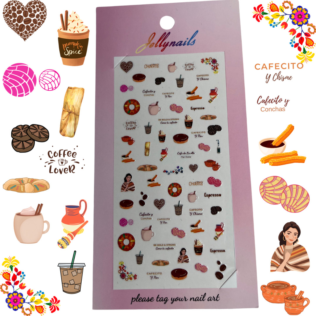 Cafecito Con Pan, Coffee Drinks, Mexican , Expresso, Churros Nail Art Stickers