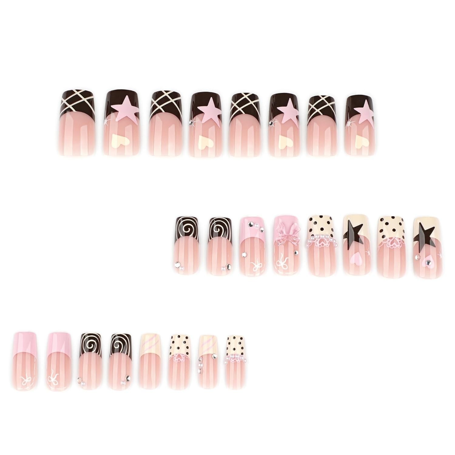 Long Square Press on Nails Sweet Y2K Fake Nail for Women 24Pcs | French Tip F…