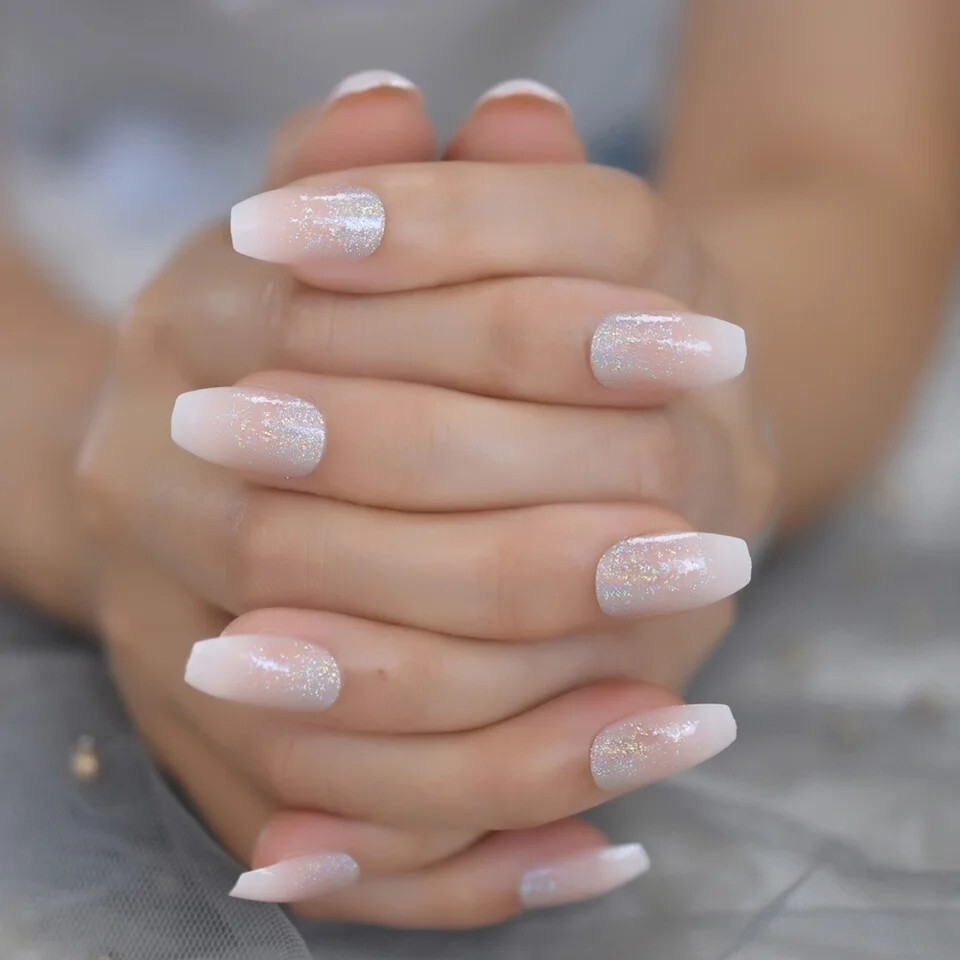 24 French Ombre Glitter Press on nails kit w glue nude white