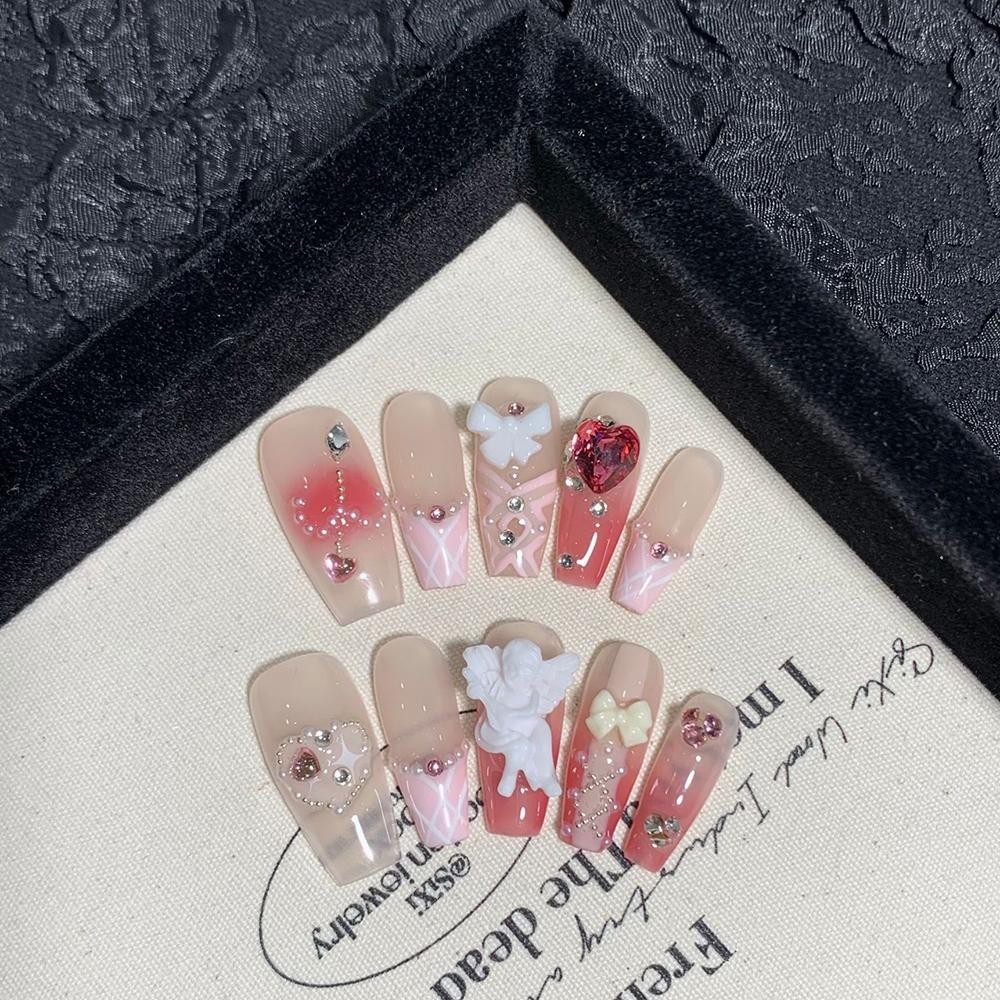 10pcs Long Coffin-Shaped Press On Nail Pink Plaid & Cupid Angel Design Removable